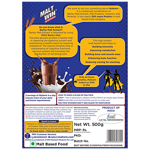 Maltwin Chocolate Drink - 100% Barley Malt + Milk - Growth & Immunity, 500 g Refill Pack Higher Protein, Higher Vitamins, Lower Sugar