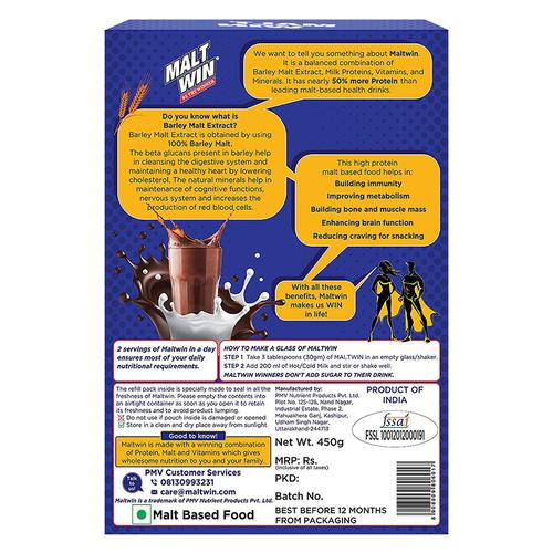 Maltwin Chocolate Drink - 100% Barley Malt + Milk - Growth & Immunity, 450 g Refill Box 