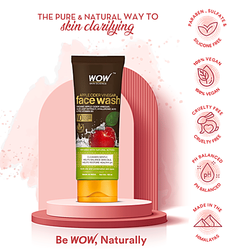 Wow Skin Science Apple Cider Vinegar Face Wash - Aloe Leaf Extract, Cleanses Gently, No Parabens & Sulphate, 100 ml Tube No Parabens & Sulphate