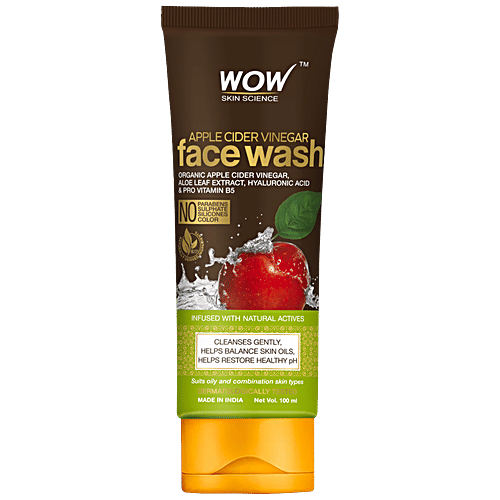 Wow Skin Science Apple Cider Vinegar Face Wash - Aloe Leaf Extract, Cleanses Gently, No Parabens & Sulphate, 100 ml Tube No Parabens & Sulphate