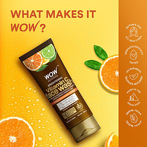 Wow Skin Science Brightening Vitamin C Face Wash - Fades Age Spots & Reduces Fine Lines, For All Skin Types, 100 ml Tube No Parabens & Sulphate