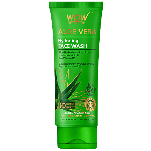 Wow Skin Science Hydrating Face Wash - Aloe Vera Extract, Hyaluronic Acid & Pro Vitamin B5, Cleanses Gently, No Parabens & Sulphate, 100 ml Tube No Parabens & Sulphate