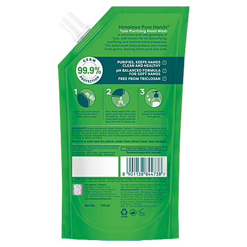 Himalaya Pure Hands Purifying Hand Wash - Tulsi, 99.9% Germ Protection, pH Balanced, 750 ml Refill Pack 