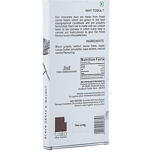 Toska Chocolates Black Grape & Walnut Dark Chocolate, 70 g  