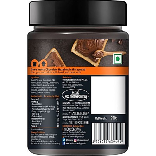 Epigamia  Spreads - Chocolate Hazelnut, Made from Ghee, Source of Omega 3, 250 g Jar No Preservatives