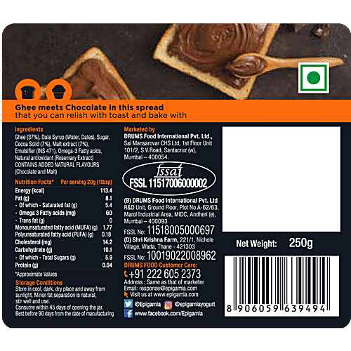 Epigamia  Spreads - Chocolate Hazelnut, Made from Ghee, Source of Omega 3, 250 g Jar No Preservatives