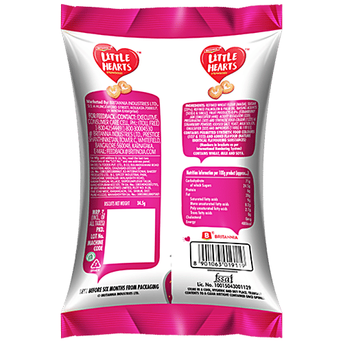 Britannia Little Hearts Strawberry Biscuits, 34.5 g  Zero Trans Fat