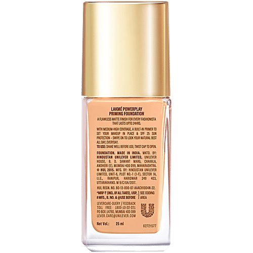 Lakme 9To5 Powerplay Priming Foundation - SPF 20, 25 ml Warm Crème Long Wear Formula