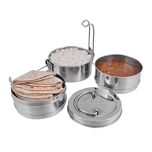 bb home Lunch/Tiffin Box With 3 Containers - 8X3, Stainless Steel, 1 pc  Dishwasher Safe