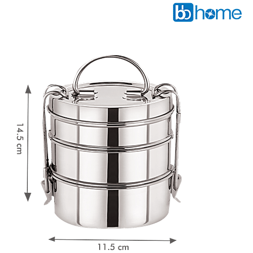 bb home Lunch/Tiffin Box With 3 Containers - 8X3, Stainless Steel, 1 pc  Dishwasher Safe