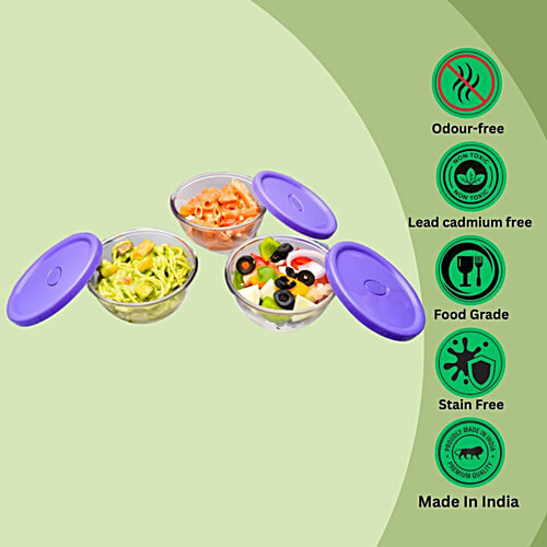 Yera Glass Bowl Set With Lids - Transparent, 435 ml (Set of 2) Dishwasher Safe