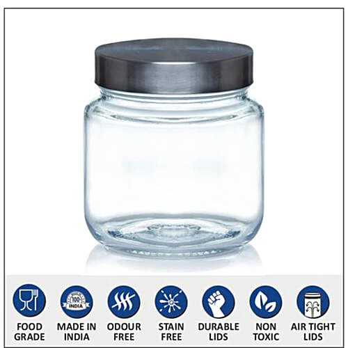 Yera Glass Jar With Steel Cap, 565 ml Set of 2 Dishwasher Safe