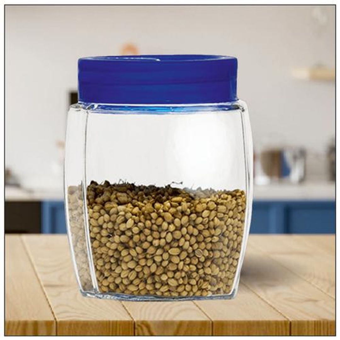 Yera Pantry/Cookie/Snacks Glass Jar With Blue Lid, 560 ml Set of 4
