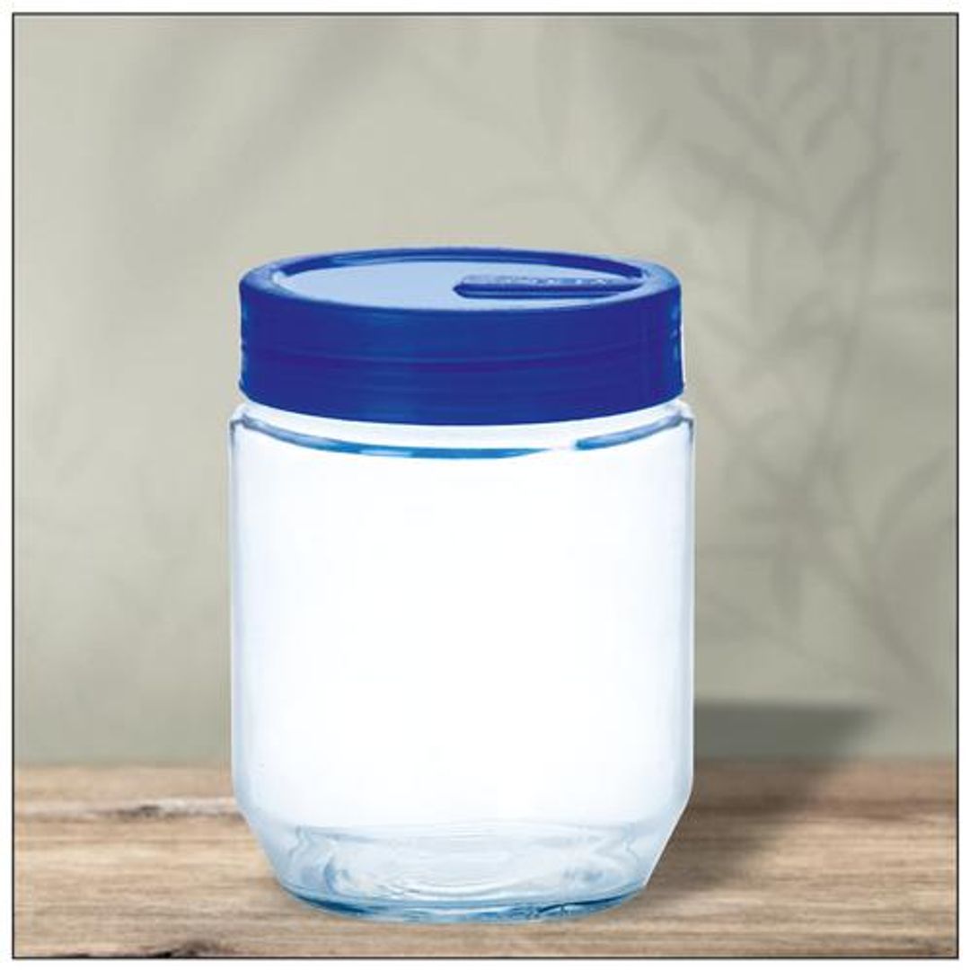 Yera Pantry/Cookie/Snacks Glass Jar With Blue Lid, 325 ml Set of 4