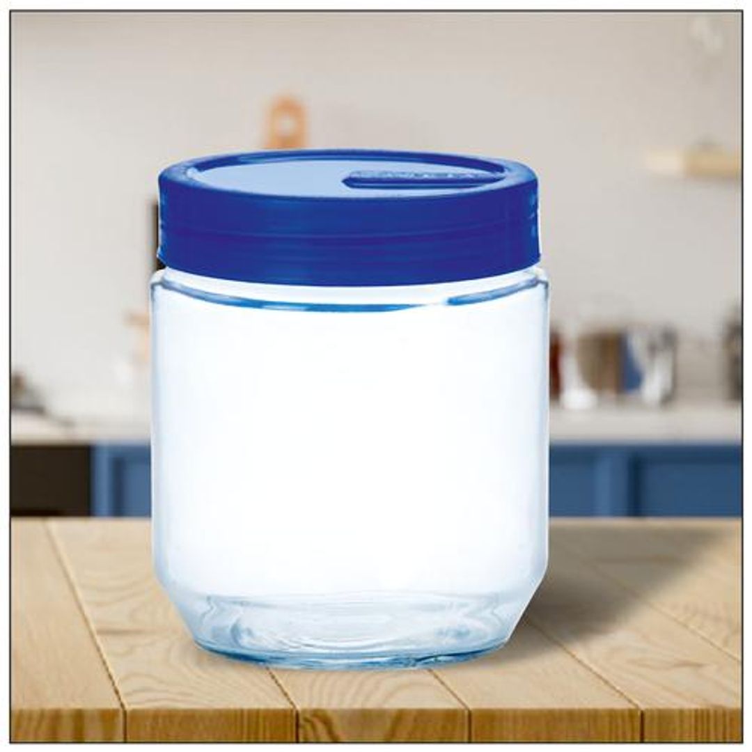 Yera Pantry/Cookie/Snacks Round Glass Jar With Blue Lid, 580 ml Set of 4