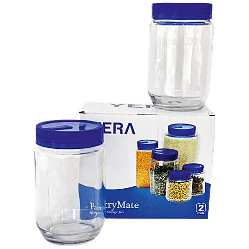Yera Pantry/Cookie/Snacks Glass Jar With Blue Lid, 1.1 L Set of 2 Dishwasher Safe