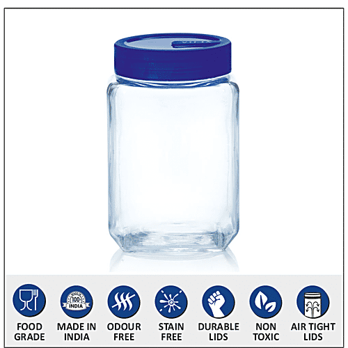 Yera Pantry/Cookie/Snacks Glass Jar With Blue Lid, 1.1 L Set of 2 Dishwasher Safe