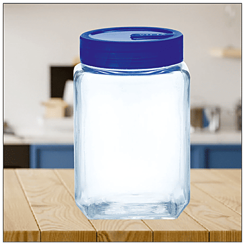 Yera Pantry/Cookie/Snacks Glass Jar With Blue Lid, 1.1 L Set of 2 Dishwasher Safe