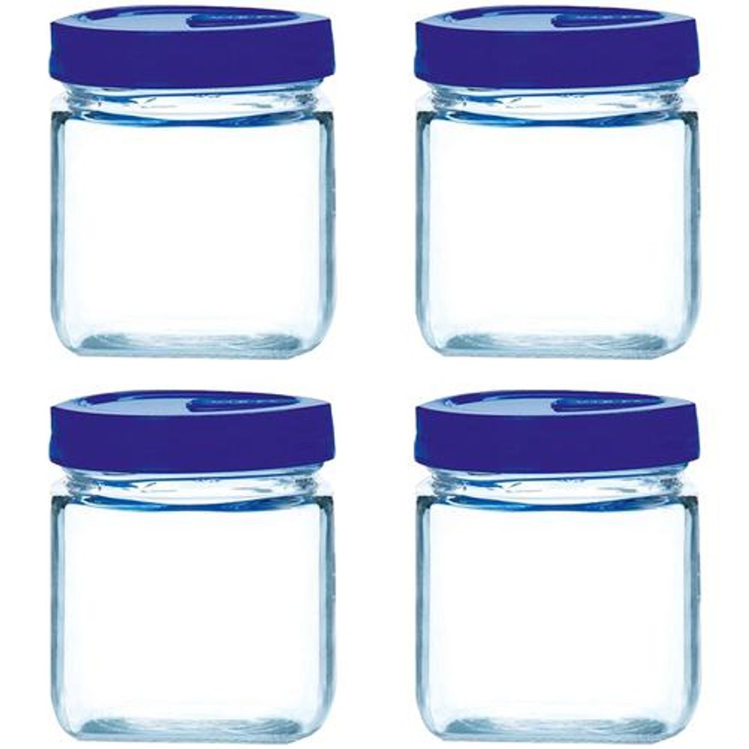 Yera Glass Jar - With Blue Lid, Square, Pantry/Cookie/Snacks, 580 ml (Set of 4)
