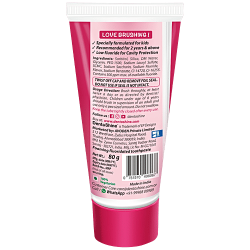 Dentoshine   Gel Toothpaste For Kids - Raspberry Flavour, Dora, 80 g  Low Fluoride for Cavity Protection