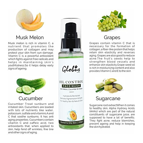 Globus Naturals Oil Control Face Wash - with Melon, Cucumber & Grapes, Normal to Oily Skin, Free from Harmful Chemicals & Paraben, 100 g  Free from Harmful Chemicals & Paraben