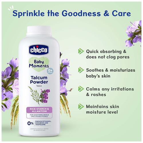 Chicco Baby Moments - Talcum Powder, Rice Starch & Allantion, For Soothing Skin & Unclogged Pores, 300 g  Parabens Free