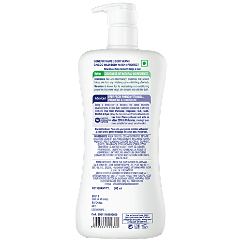Chicco Baby Moments - Mild Body Wash, Protect, Chamomile & Geranium, For Moisturised Skin, With A Soothing Touch, 500 ml  Parabens Free