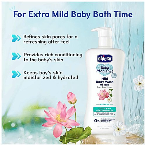 Chicco Baby Moments - Mild Body Wash, Refresh, Lotus & Meadowsweet, For Moisturised Skin, With A Refreshing Touch, 100 ml  Parabens Free