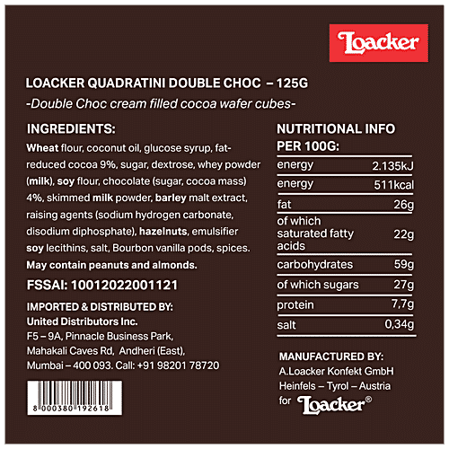 Loacker Quadratini Wafer Cookies - Double Choc, 125 g  