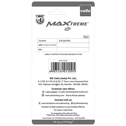 BIC Cello Maxtreme Gel Pen - Blue, 3 pcs  