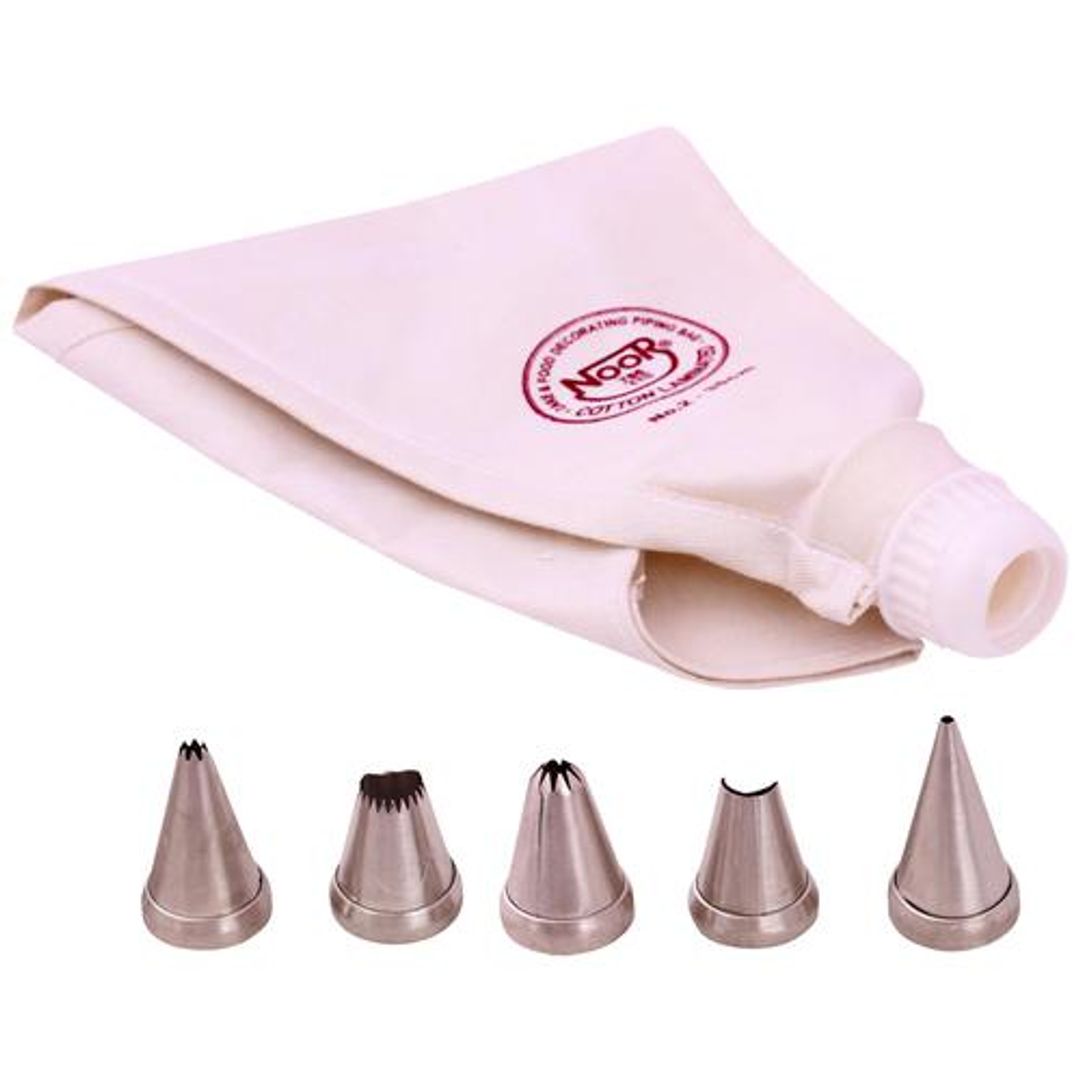 Noor Cake Decoration Cotton Icing Bag - Reusable, 35 cm With 5 Nozzle, Cream, 1 pc Set of 6
