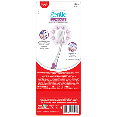 Colgate Gentle Gumcare Toothbrush, Ultra Soft, 4 pcs (Buy 2 Get 2 Free) Upto 17X Slimmer Tip Bristles