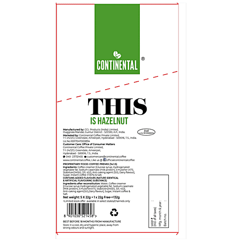 Continental 3-In-1 Hazelnut Premix Coffee Powder, 132 g (6 Sachets x 22 g) 