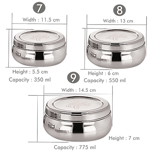 bb home Belly Puri Dabba/Container With Lid - Stainless Steel, Rust Proof, Durable, 3 pcs  