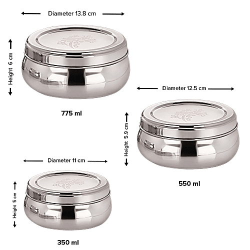 bb home Belly Puri Dabba/Container With Lid - Stainless Steel, Rust Proof, Durable, 3 pcs  
