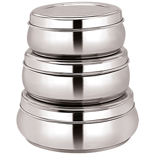 bb home Belly Puri Dabba/Container With Lid - Stainless Steel, Rust Proof, Durable, 3 pcs  