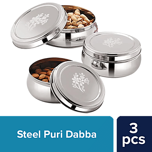 bb home Belly Puri Dabba/Container With Lid - Stainless Steel, Rust Proof, Durable, 3 pcs  