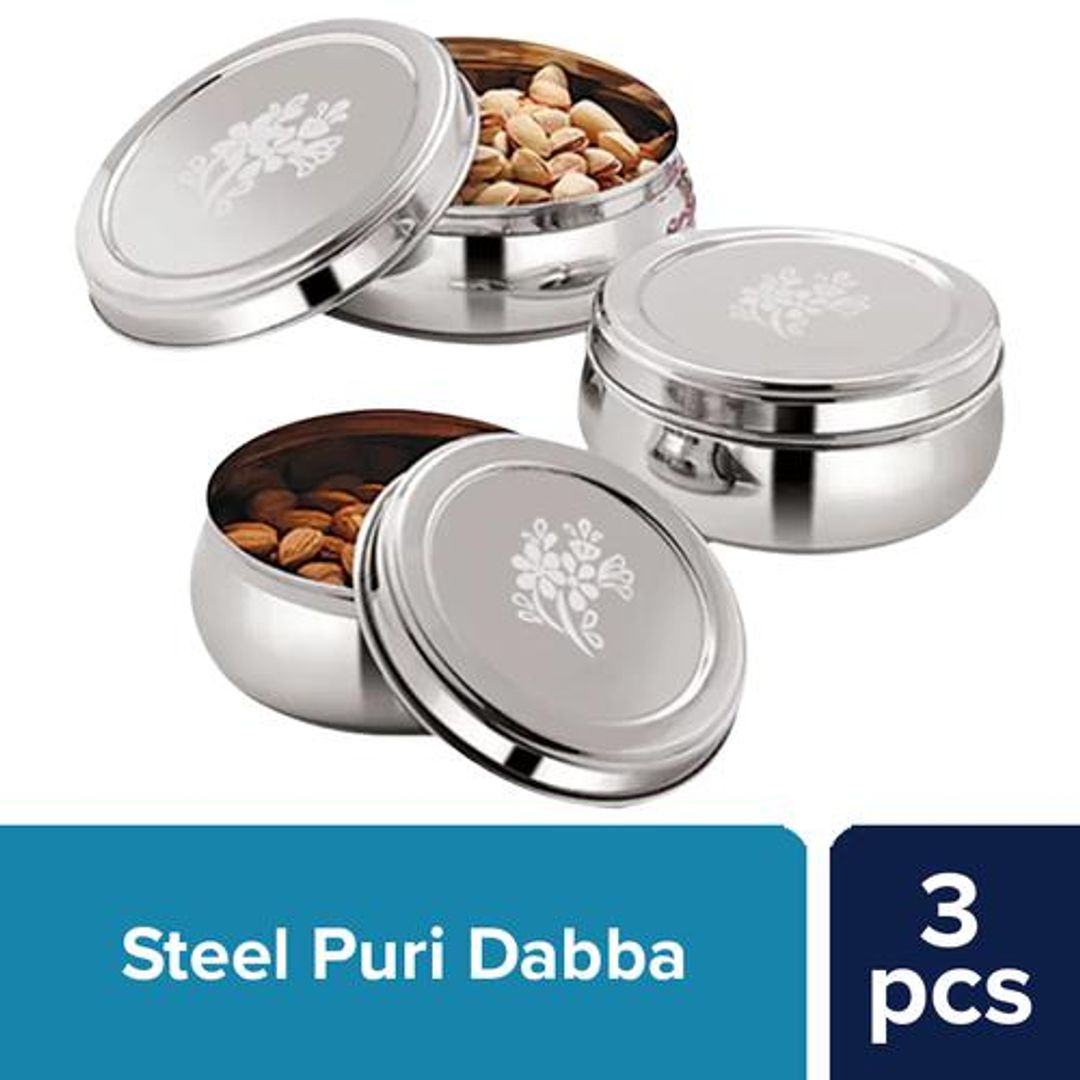 BB Home Belly Puri Dabba/Container With Lid - Stainless Steel, Rust Proof, Durable, 3 pcs 