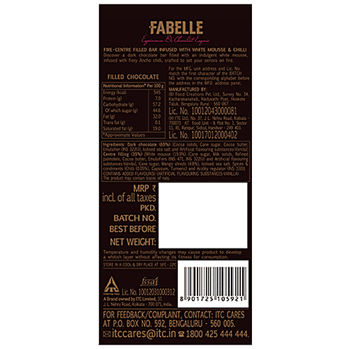 Fabelle Exquisite Fire Centre Filled Chocolate Bar - White Mousse & Chilli, 131 g  