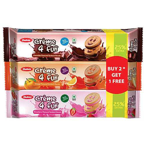 Dukes  Creme 4 Fun Sandwich Biscuits Combo - Orange, Strawberry & Chocolate, 450 g Pouch More Creamier
