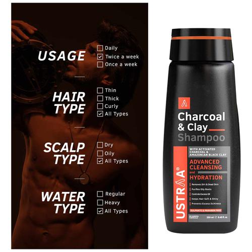 Ustraa Charcoal & Clay Shampoo - Cleansing & Oil Control, 250 ml  