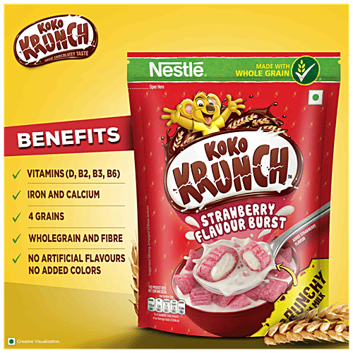 Nestle Koko Krunch Breakfast Cereal - Strawberry Flavour Burst, 250 g Pouch No Artificial Flavours
