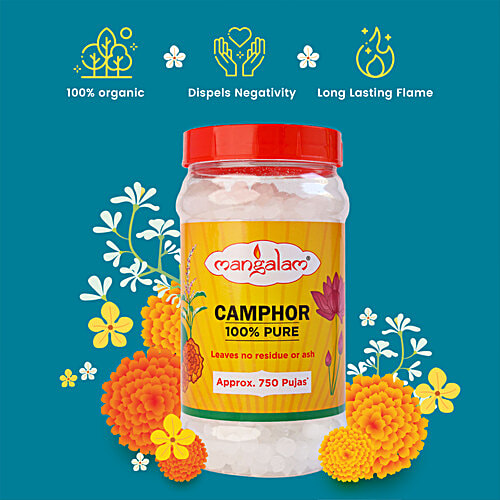 Mangalam Pure Camphor - Leaves No Residue & Ash, Purifies Ambience, For Pooja, Aromatherapy, 250 g Jar organic
 Dispels Negativity
 Long Lasting Flame