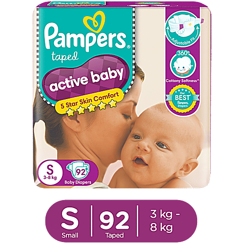Pampers  Active Baby Diapers - Small, 3-8 kg, Extra Dry Layer, 92 pcs  