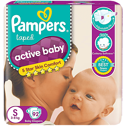 Pampers  Active Baby Diapers - Small, 3-8 kg, Extra Dry Layer, 92 pcs  