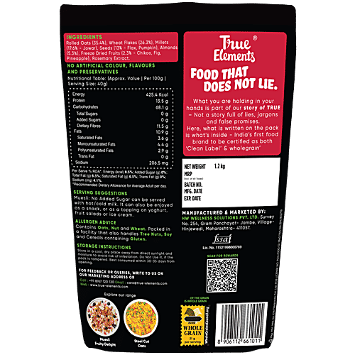 True Elements No Added Sugar Muesli With Real Fruits & Nuts, 1.2 kg  2x More Protein, High Fibre