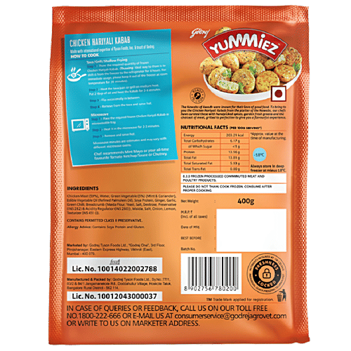 Godrej Yummiez Yummiez Chicken Hariyali Kabab, 400 g Pouch Zero Trans Fat