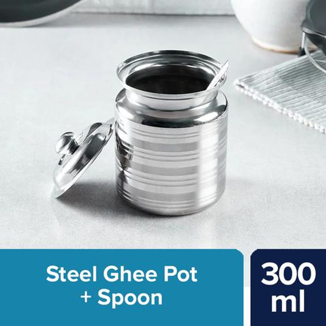 BB Home Ghee Pot - Stainless Steel, High-Quality, Durable, Silver, 300 ml (1 pc)