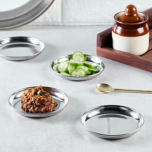 bb home Chatni Plate - No.4.5, Stainless Steel, Small, Silver, 4 pcs  Dishwasher Safe