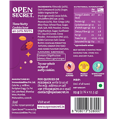 Open Secret Chocolate Almond Nutty Cookies - With No Maida, Healthy, 25 g 2 pcs Protein Packed, Full of Fibre